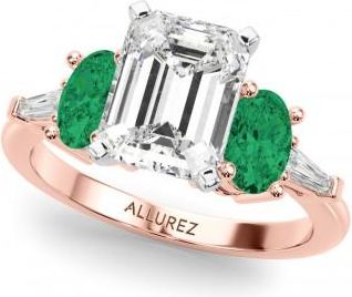 Allurez Emerald Cut Lab Grown Diamond & Oval Emerald Engagement Ring 14K Rose Gold (3.98ct)