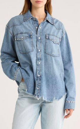Re/Done Distressed Western Stud Denim Shirt in Vintage Biker Blue Stud at Nordstrom Rack, Size Medium