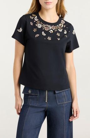 Cinq &agrave; Sept Tumbling Flowers Shrunken T-Shirt in Black at Nordstrom, Size Xx-Small