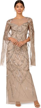 Adrianna Papell Womens Beaded Cape Dress - Natural - Size 18 UK