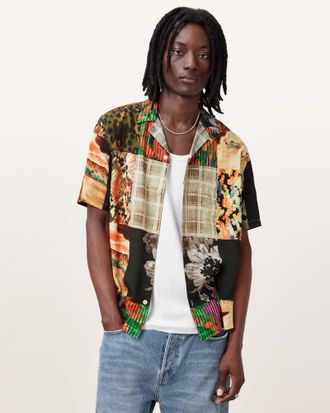 AllSaints Viscose Patche Printed Relaxed Fit Shirt, Size: XS