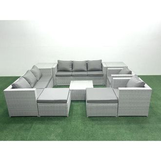 Fimous Outdoor Rattan Sofa Garden Furniture Set with 2 Armchairs Square Coffee Table 2 Big Footstools 2 Side Tables Light Grey Mixed - Fimous