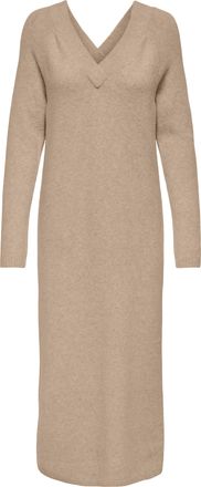 Only Strickkleid ONLY ONLJEANETT LIFE LS V-NECK DRESS CC KNT, Damen, Gr. XS (34), N-Gr, beige (humus detail:melange), Strick, Obermaterial: 88% Polyester, 