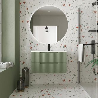 Aurlane Aurlane - Mueble De Ba&ntilde;o 80cm Verde Oliva - Cajones Mdf Ondulado - Lavabo Empotrable
