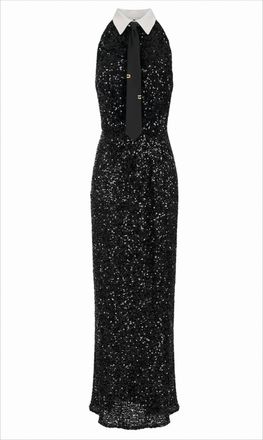 Elisabetta Franchi Full Sequined Evening Dress With Shirt Collar