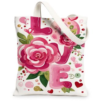 Generic Floral Love Canvas Tote Bags, Flower Print Reusable Grocery Bags, Spring Vintage Lightweight Washable Shoulder Strap Canvas, Peach, 13x15 Inch