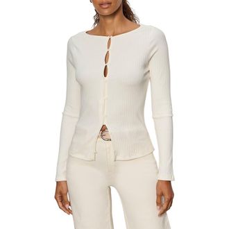 Sanctuary Stripe Button Front Long Sleeve Rib Top in Collagen White at Nordstrom, Size X-Large