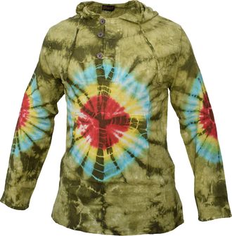 Gheri Tie Dye Cotton Light Summer Hippie Psychedelic Bohemian Grandad Hoodie Green Spiral XXX-Large