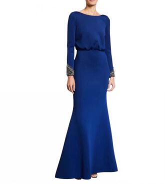 Badgley Mischka Scuba Bow Back Gown In Royal Blue