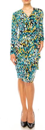 Maggy London Abstract Long Sleeve Wrap Dress In Black Oil Blue