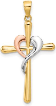 Diamond2Deal 14k Two-tone Gold with White Rhodium Polished Cross with Heart Pendant