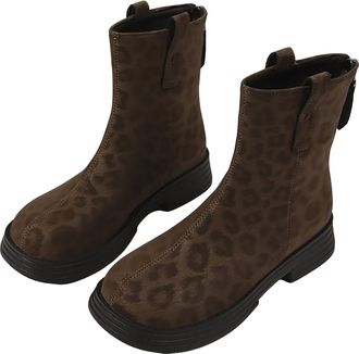 Generic Ankle Boots For Women Leopard Print Platform Low Heel Round Toe with Zipper Booties Ladies Retro Casual Shoes Autumn Winter Comfort Lightweight Size 4