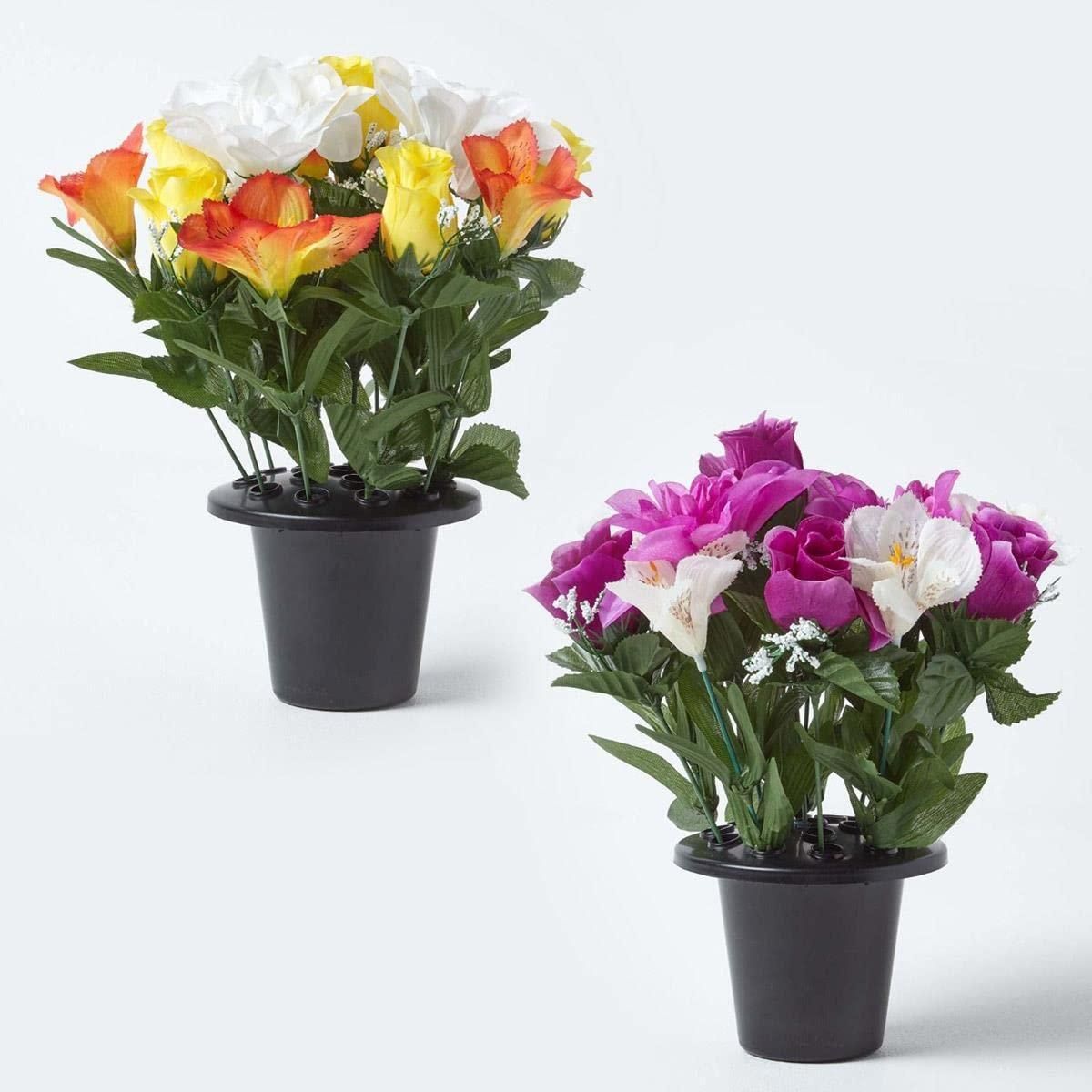 Homescapes 2er-Set Künstliche Grab-Blumen wetterfest mit Blumenhalter, Rosen mit Pfingstrosen & Lilien ab 23,99 €