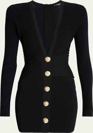 Balmain Buttoned Plunging Rib Knit Mini Dress