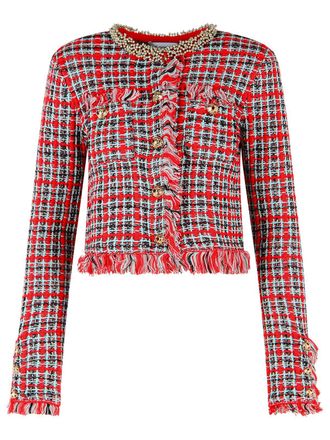 Self Portrait Red Plaid Frayed-Trim Cotton-Blend Blazer