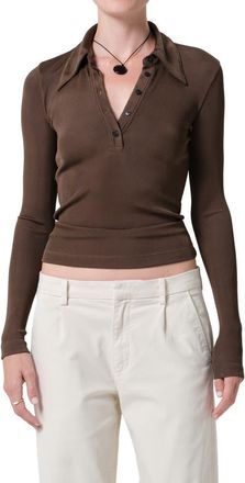 Citizens Of Humanity Shaea Long Sleeve Rib Polo in Cocoa Medium Brown at Nordstrom, Size X-Large