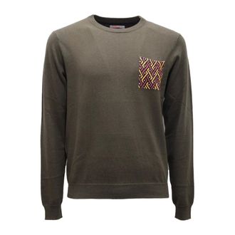 Sun 68 Round-neck Knitwear, male, Green, M, Green Wool/Cotton Jumper with Elbow & Pocket Print