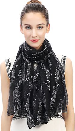 Lina & Lily Music Note Print Womens Scarf Shawl Wrap Lightweight (Black)