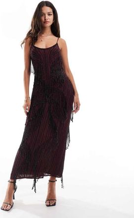 Asos Vestito lungo con spalline sottili bordeaux decorato con perline-Rosso