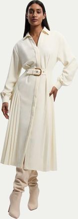 Karen Millen Tailored Crepe Belted Pleated Midi Dress in Ivory at Nordstrom, Size 4