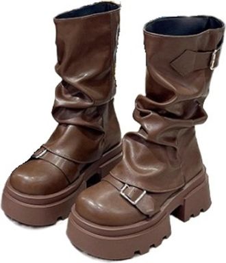 Generic Vintage Maillard Mid-Boots New British Style Thick Bottom Increased Brown Trousers Ankle Boots(Brown,US9)
