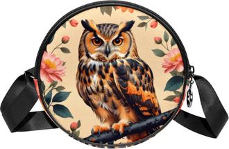 Generic Circle Crossbody Bag for Women, Tropical Owl Small Sling Bag Daypack with Zipper Adjustable Shoulder Straps Casual Ladies Girls Round Purse