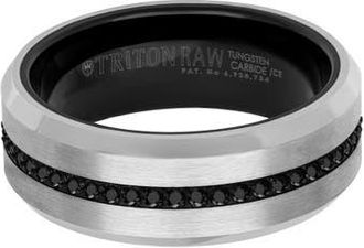 Triton 8MM Tungsten Carbide Ring with Eternity Black Sapphires and Beveled Edge in Metallic Silver at Nordstrom, Size 12.5