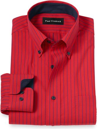 Paul Fredrick Non-iron Cotton Stripe Dress Shirt With Contrast Trim