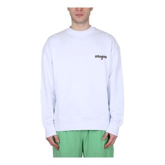 Msgm Sweatshirts, male, White, Size: L Cotton Crewneck Sweatshirt with Logo