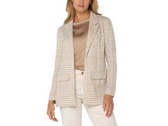Liverpool L.A. Plaid Boyfriend Relaxed Blazer Womens Jacket Cream Tan Plaid : XS, Polyester/Rayon/Spandex