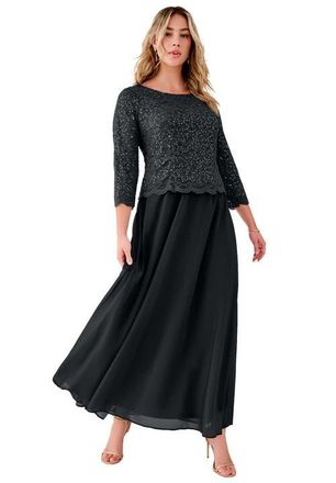 Roaman's Plus Size Sequin Lace Three Quarter Sleeve A-Line Gown in Black at Nordstrom, Size 14P