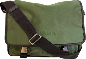 Prada Brown Green Nylon Leather Messenger Bag Shoulder Bag (Pre-Owned)