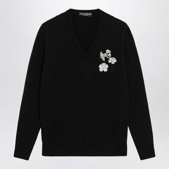 Dolce & Gabbana V-neck sweater with embroidered floral details in wool, black