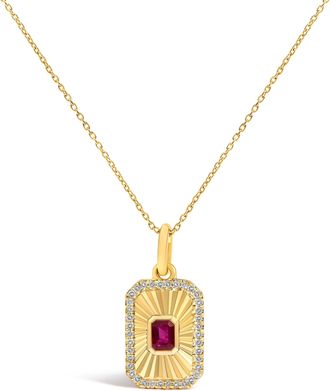 House of Brilliance 10K Yellow Gold 4x3 MM Ruby and 1/10 Cttw Diamond Rectangular Fluted Medallion Pendant Necklace