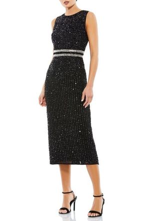 Mac Duggal Sleeveless High Neck Beaded Midi Sheath Dress in Black at Nordstrom, Size 16