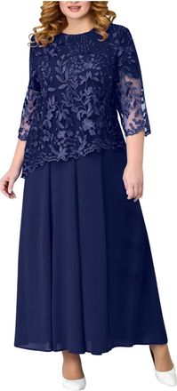 Generic Women Evening Gowns Elegant 3/4 Sleeve Embroidered Lace Maxi Dress Chiffon Modest Formal Cocktail Dresses Mothers of The Bride/Groom Outfits Plus Size