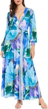 London Times Shirred Surplice Neck Maxi Dress in Blue/Lavendar at Nordstrom Rack, Size Medium