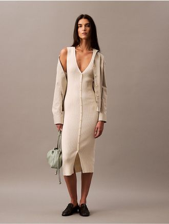 Calvin Klein Womens Smooth Cotton Rib Sweater Midi V-Neck Dress - White - XL