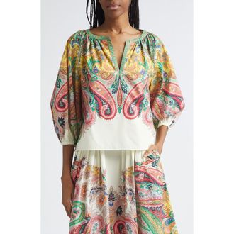 Etro Paisley Print Cotton Split Neck Top in Print On White Base at Nordstrom, Size 10 Us