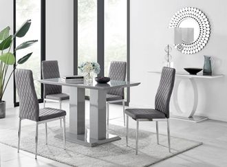 Furniturebox Imperia Grey High Gloss 4 Seater Dining Table with Structural 2 Plinth Column Legs 4 Soft Velvet Silver Leg Milan Chairs