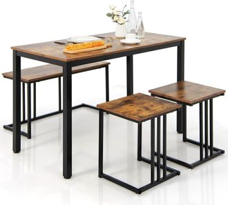 Costway Costway Juego De Mesa De Comedor De 4 Piezas, Mesa De Comedor Industrial Con Banco Y 2 Taburetes Para 4 Personas, Mueble De Comedor, Estructura Met&aacute;li