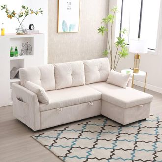 Direct Wicker L-Shape Sofa with Storage & Pull-Out Bed, 3-in-1 Convertible Couch in Beige | Size: 1 Pack