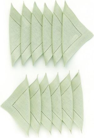 Solino Home Linen Cocktail Napkins Set of 12, 6 x 6 Inch for Dining Table, Holiday and Everyday Table Decor - Classic Hemstitch in Sage Green at