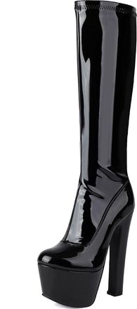 Generic Womens High Heeled Platform Long Boot Round Toe Knee High Boots PU Leather Knight Boots with Side Zipper,Black1,3.5 UK