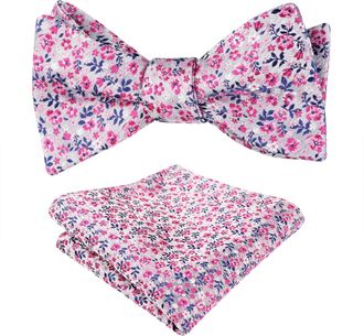 Alizeal Mens Floral Patterned Colorful Classic Self Tied Bow Tie and Pocket Square Set, Silver+Hot Pink