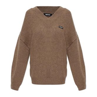 Rotate ROTATE Birger Christensen, V-neck Knitwear, female, Brown, Size: XS Logo Patch Sweater