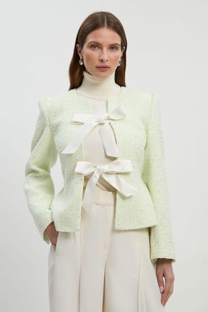 Karen Millen Womens Boucle Tailored Bow Detail Peplum Jacket - Mint - Size 12 UK