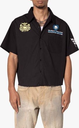 mnml SHRC Pit Crew Fray Hem Crop Button-Up Shirt in Black at Nordstrom, Size Medium