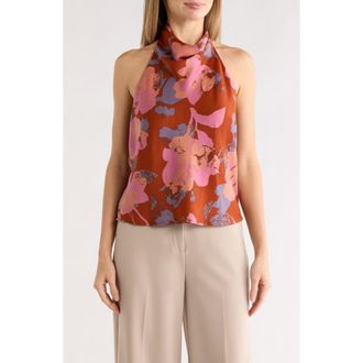 Renee C Floral Print Satin Halter Neck Top in Rust at Nordstrom Rack, Size X-Small