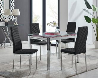 Furniturebox Enna White Glass Extending 4-6 Seater Dining Table & 4 Milan Faux Leather Chairs in Black